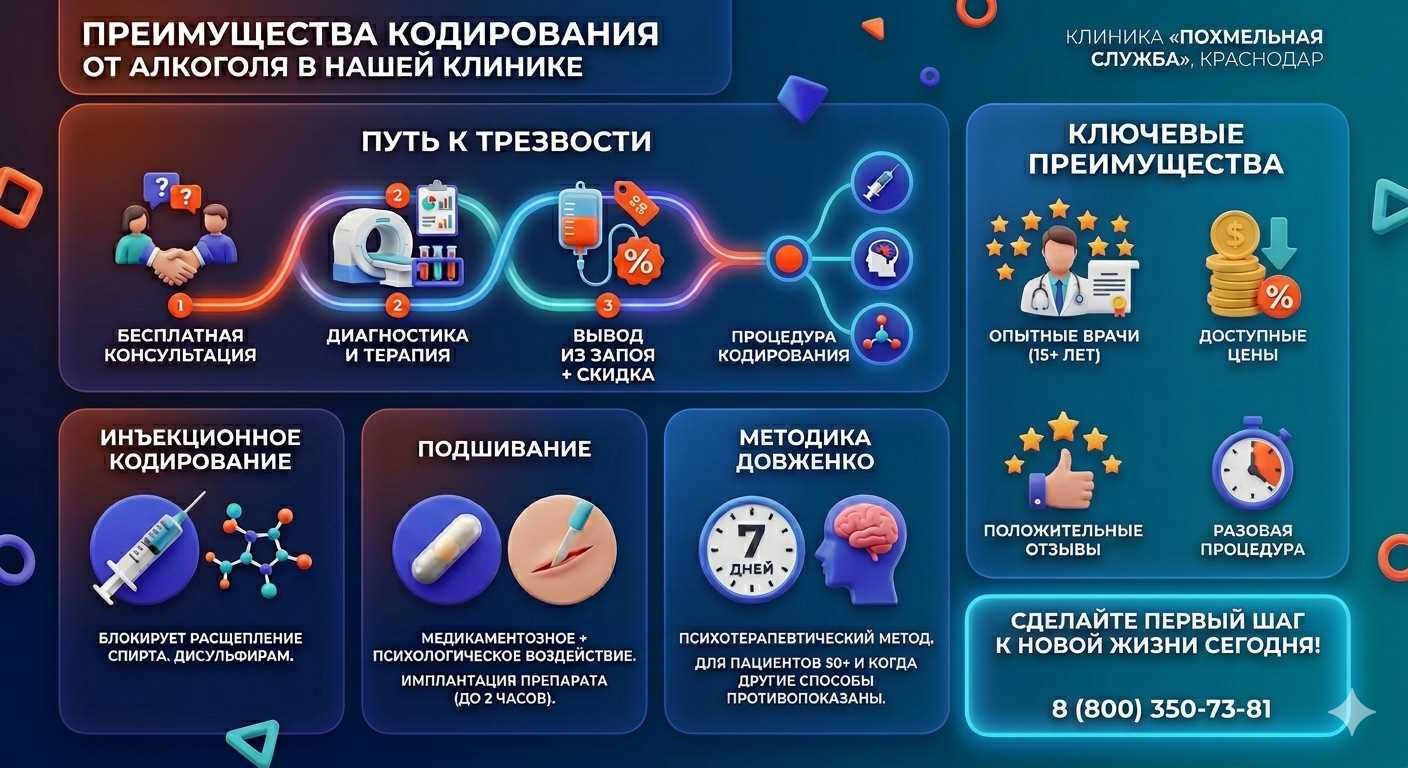Инфографика о методах кодирования от алкоголя в Борисовке: инъекции, подшивание, метод Довженко. Преимущества клиники и этапы лечения.