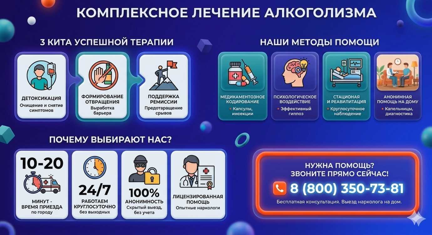 Инфографика о методах лечения алкоголизма в Борисовке: детоксикация, кодирование и анонимная помощь на дому от клиники Похмельная служба.
